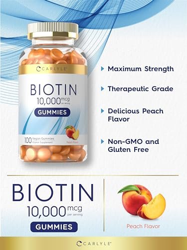 Carlyle Biotin 10000mcg Gummis | 100 Stück | Pfirsichgeschmack | Vegan, Nicht-GVO, Glutenfrei