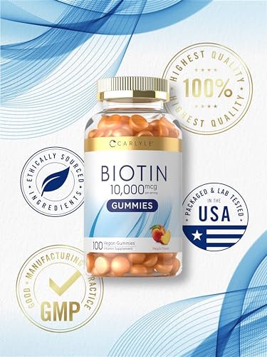 Carlyle Biotin 10000mcg Gummis | 100 Stück | Pfirsichgeschmack | Vegan, Nicht-GVO, Glutenfrei