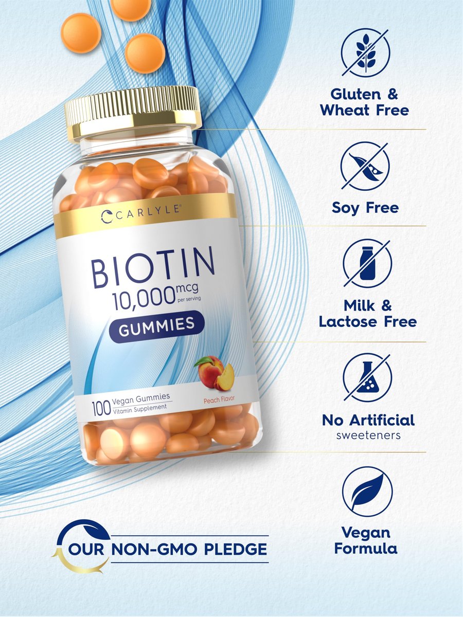 Carlyle Biotin 10000mcg Gummis | 100 Stück | Pfirsichgeschmack | Vegan, Nicht-GVO, Glutenfrei