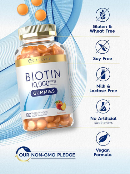 Carlyle Biotin 10000mcg Gummis | 100 Stück | Pfirsichgeschmack | Vegan, Nicht-GVO, Glutenfrei