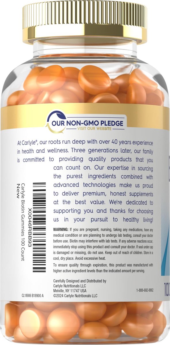 Carlyle Biotin 10000mcg Gummis | 100 Stück | Pfirsichgeschmack | Vegan, Nicht-GVO, Glutenfrei