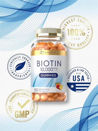 Carlyle Biotin 10000mcg Gummis | 100 Stück | Pfirsichgeschmack | Vegan, Nicht-GVO, Glutenfrei