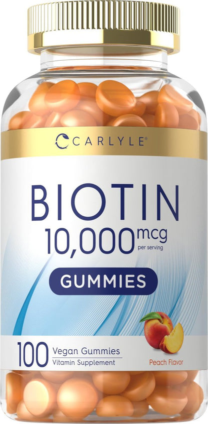 Carlyle Biotin 10000mcg Gummis | 100 Stück | Pfirsichgeschmack | Vegan, Nicht-GVO, Glutenfrei