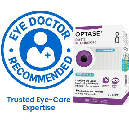 Optase Dry Eye Intense Drops, 30 Einzeldosis-Vials – Konservierungsmittelfreie Augentropfen bei trockenen Augen – Künstliche Tränen für mittelschwere bis schwere Fälle – Kontaktlinsenkompatibel – 0,01 fl oz pro Vial
