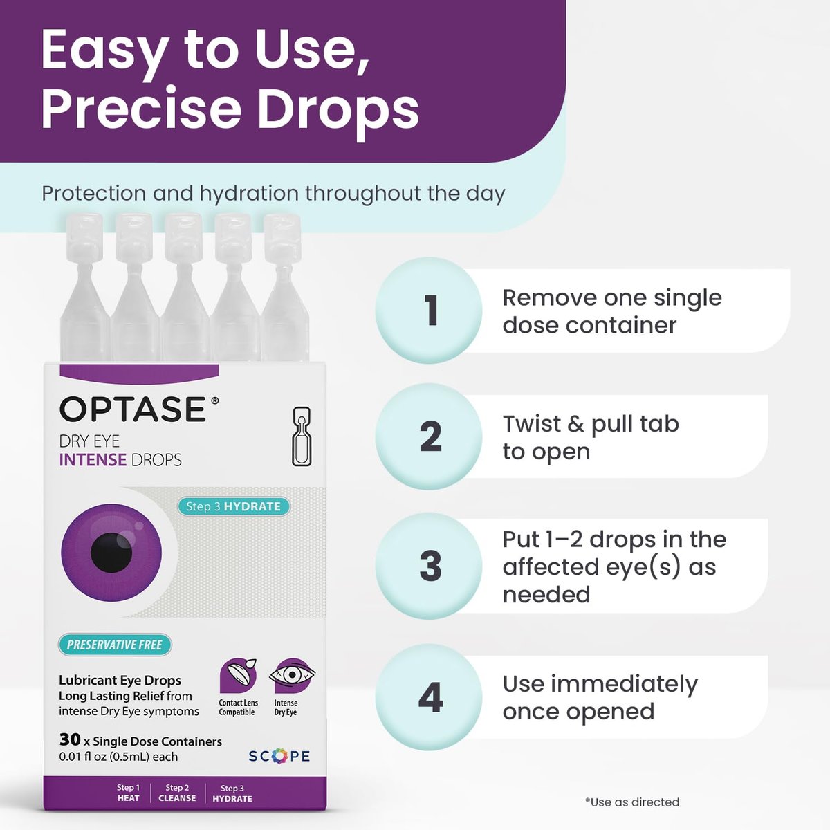 Optase Dry Eye Intense Drops, 30 Einzeldosis-Vials – Konservierungsmittelfreie Augentropfen bei trockenen Augen – Künstliche Tränen für mittelschwere bis schwere Fälle – Kontaktlinsenkompatibel – 0,01 fl oz pro Vial