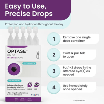Optase Dry Eye Intense Drops, 30 Einzeldosis-Vials – Konservierungsmittelfreie Augentropfen bei trockenen Augen – Künstliche Tränen für mittelschwere bis schwere Fälle – Kontaktlinsenkompatibel – 0,01 fl oz pro Vial