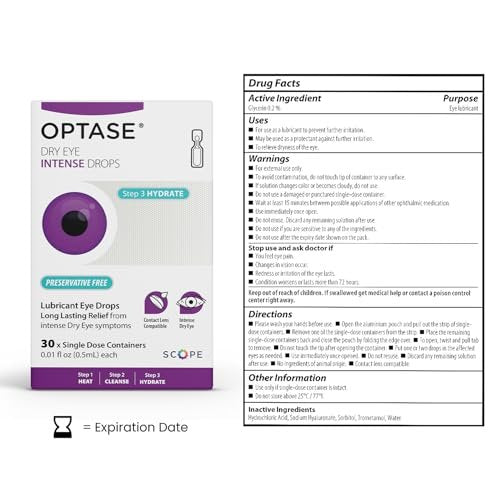 Optase Dry Eye Intense Drops, 30 Einzeldosis-Vials – Konservierungsmittelfreie Augentropfen bei trockenen Augen – Künstliche Tränen für mittelschwere bis schwere Fälle – Kontaktlinsenkompatibel – 0,01 fl oz pro Vial