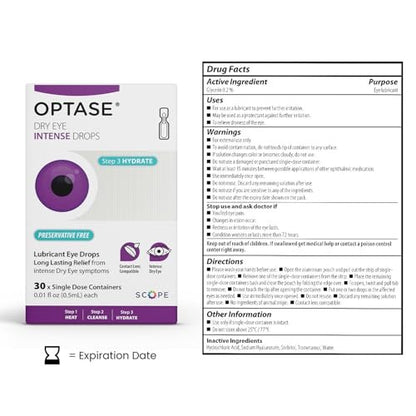 Optase Dry Eye Intense Drops, 30 Einzeldosis-Vials – Konservierungsmittelfreie Augentropfen bei trockenen Augen – Künstliche Tränen für mittelschwere bis schwere Fälle – Kontaktlinsenkompatibel – 0,01 fl oz pro Vial