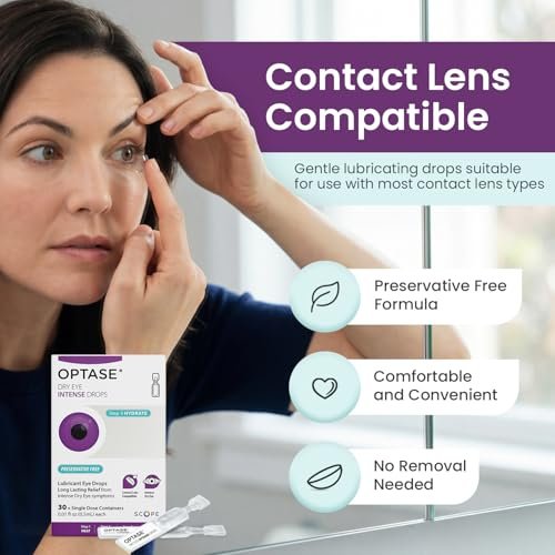 Optase Dry Eye Intense Drops, 30 Einzeldosis-Vials – Konservierungsmittelfreie Augentropfen bei trockenen Augen – Künstliche Tränen für mittelschwere bis schwere Fälle – Kontaktlinsenkompatibel – 0,01 fl oz pro Vial