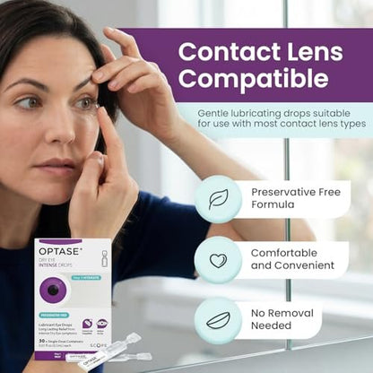 Optase Dry Eye Intense Drops, 30 Einzeldosis-Vials – Konservierungsmittelfreie Augentropfen bei trockenen Augen – Künstliche Tränen für mittelschwere bis schwere Fälle – Kontaktlinsenkompatibel – 0,01 fl oz pro Vial