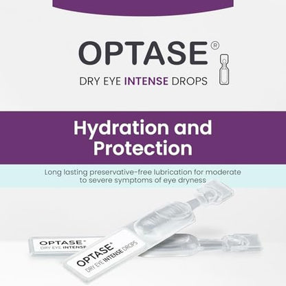 Optase Dry Eye Intense Drops, 30 Einzeldosis-Vials – Konservierungsmittelfreie Augentropfen bei trockenen Augen – Künstliche Tränen für mittelschwere bis schwere Fälle – Kontaktlinsenkompatibel – 0,01 fl oz pro Vial