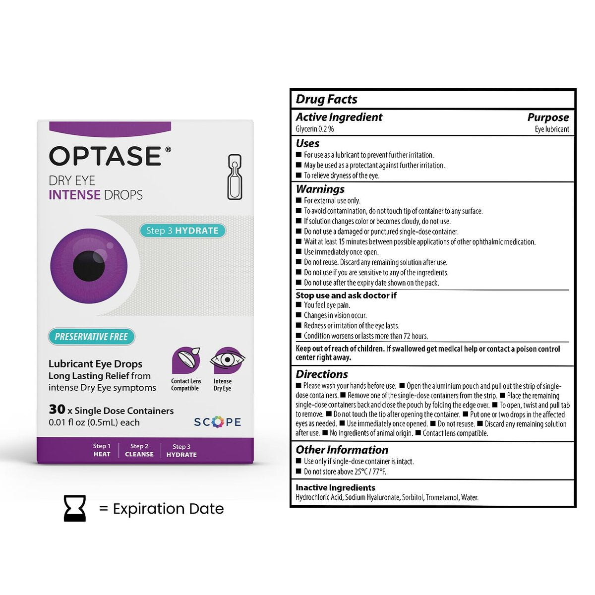 Optase Dry Eye Intense Drops, 30 Einzeldosis-Vials – Konservierungsmittelfreie Augentropfen bei trockenen Augen – Künstliche Tränen für mittelschwere bis schwere Fälle – Kontaktlinsenkompatibel – 0,01 fl oz pro Vial