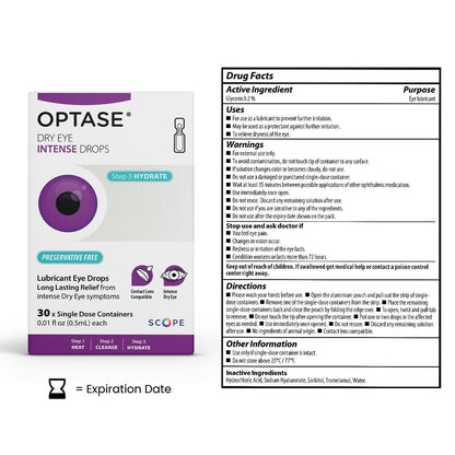 Optase Dry Eye Intense Drops, 30 Einzeldosis-Vials – Konservierungsmittelfreie Augentropfen bei trockenen Augen – Künstliche Tränen für mittelschwere bis schwere Fälle – Kontaktlinsenkompatibel – 0,01 fl oz pro Vial