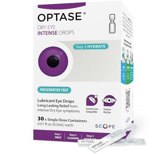 Optase Dry Eye Intense Drops, 30 Einzeldosis-Vials – Konservierungsmittelfreie Augentropfen bei trockenen Augen – Künstliche Tränen für mittelschwere bis schwere Fälle – Kontaktlinsenkompatibel – 0,01 fl oz pro Vial