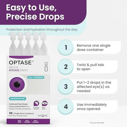 Optase Dry Eye Intense Drops, 30 Einzeldosis-Vials – Konservierungsmittelfreie Augentropfen bei trockenen Augen – Künstliche Tränen für mittelschwere bis schwere Fälle – Kontaktlinsenkompatibel – 0,01 fl oz pro Vial