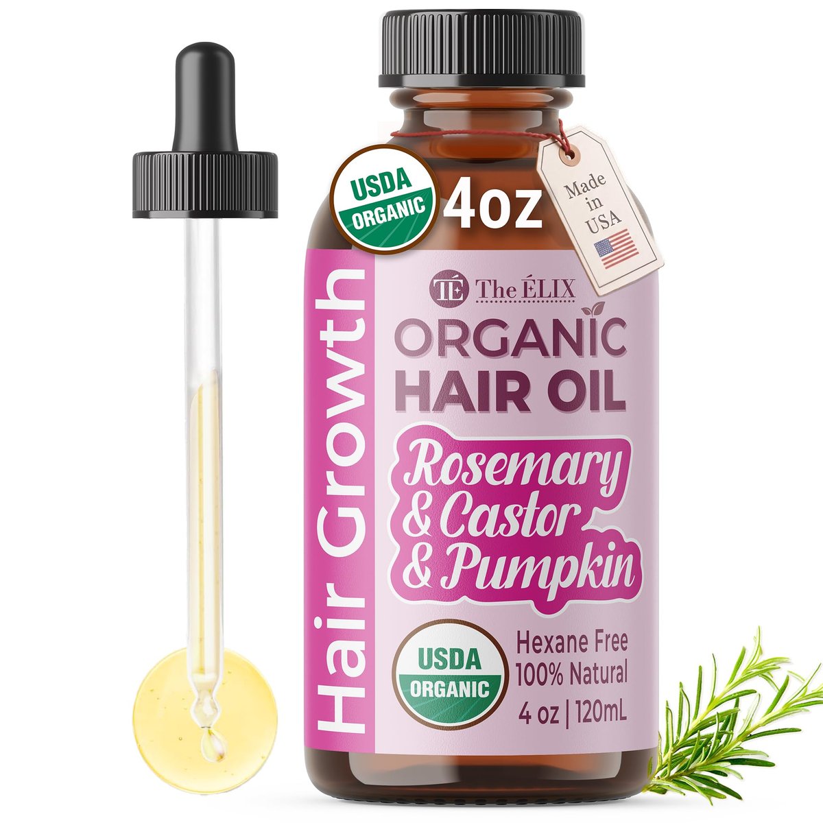 ÉLIX USDA Bio Rosmarinöl für Haarwachstum | Kräftigende Formel mit Rizinus & Kürbiskern | Gegen Haarausfall & dünner werdendes Haar | Hergestellt in USA | 118 ml