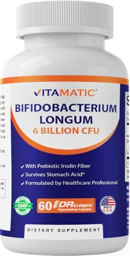 Vitamatic Bifidobacterium Longum 6 Milliarden KBE pro DR Kapsel – 60 Stück – Fördert die Darmgesundheit – Mit präbiotischem Inulin