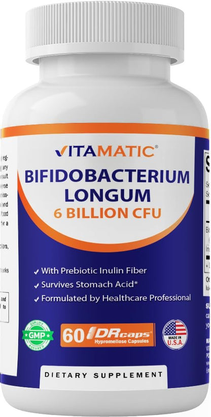 Vitamatic Bifidobacterium Longum 6 Milliarden KBE pro DR Kapsel – 60 Stück – Fördert die Darmgesundheit – Mit präbiotischem Inulin
