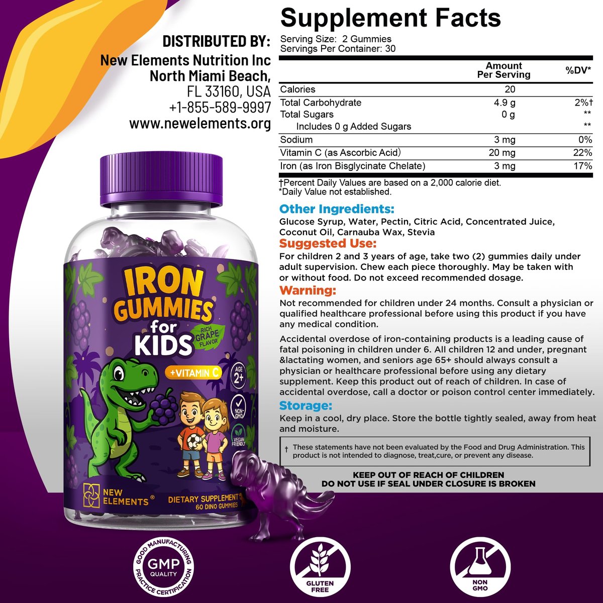 New Elements Eisen-Dino-Gummis für Kinder mit Vitamin C | Zuckerfrei, Vegan, Glutenfrei & Non-GMO | Anämie-Linderung, Energie- und Blutgesundheits-Unterstützung | Traubengeschmack, Pektinbasiert für optimale Gesundheit