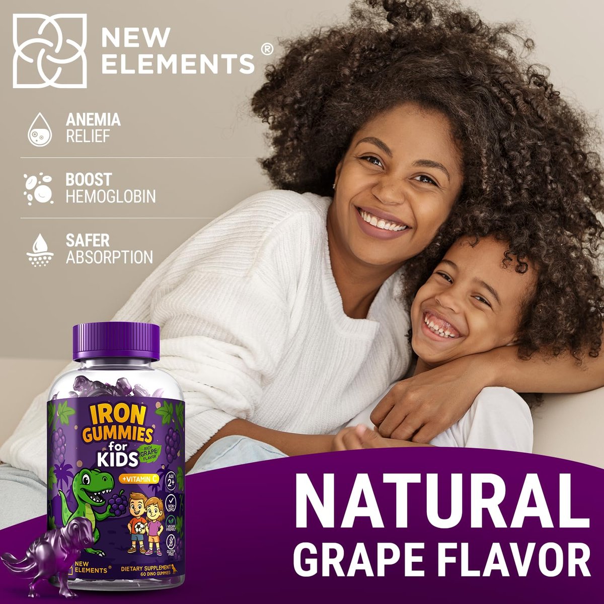 New Elements Eisen-Dino-Gummis für Kinder mit Vitamin C | Zuckerfrei, Vegan, Glutenfrei & Non-GMO | Anämie-Linderung, Energie- und Blutgesundheits-Unterstützung | Traubengeschmack, Pektinbasiert für optimale Gesundheit