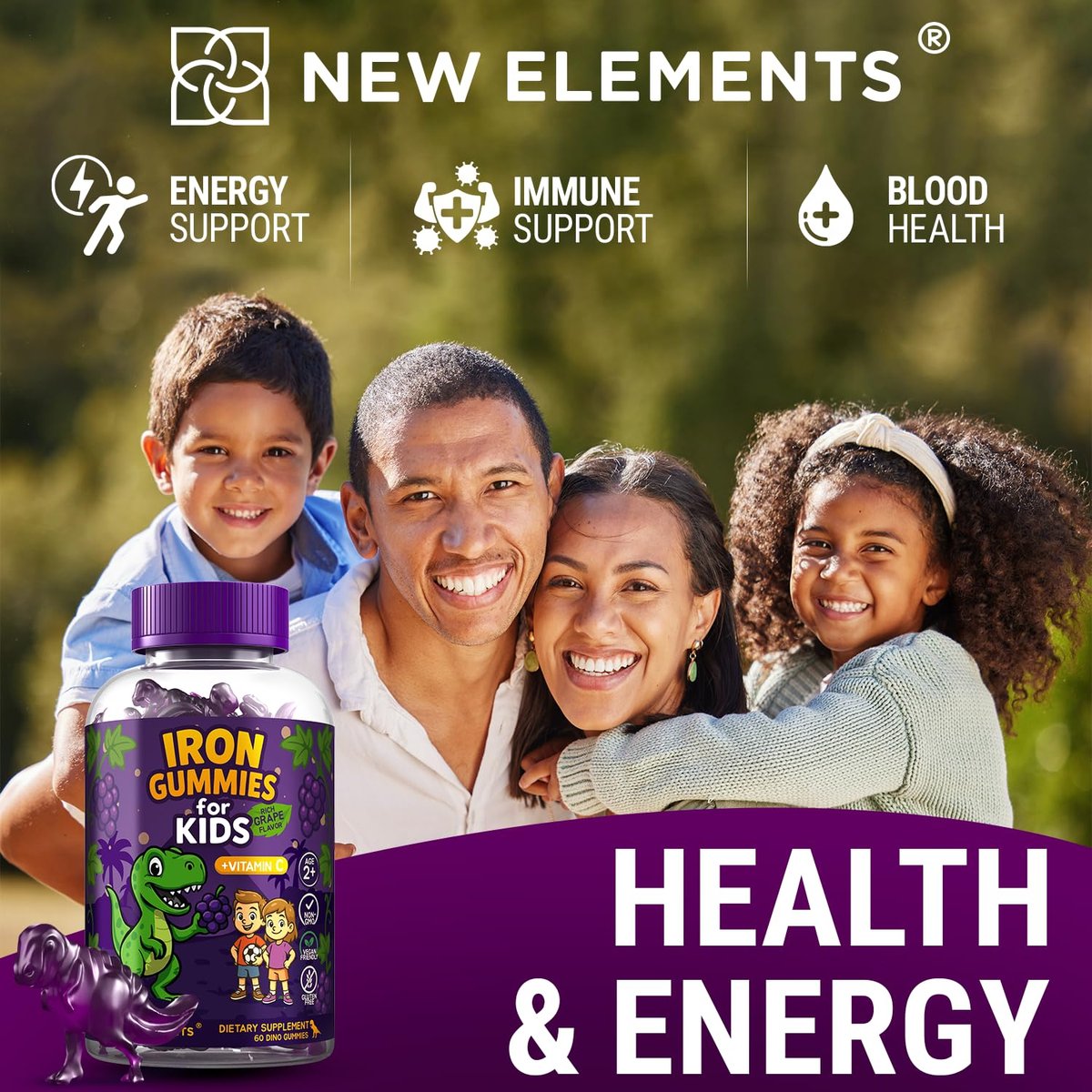 New Elements Eisen-Dino-Gummis für Kinder mit Vitamin C | Zuckerfrei, Vegan, Glutenfrei & Non-GMO | Anämie-Linderung, Energie- und Blutgesundheits-Unterstützung | Traubengeschmack, Pektinbasiert für optimale Gesundheit