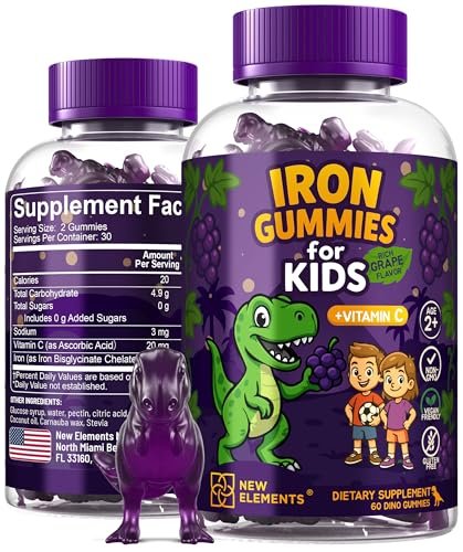 New Elements Eisen-Dino-Gummis für Kinder mit Vitamin C | Zuckerfrei, Vegan, Glutenfrei & Non-GMO | Anämie-Linderung, Energie- und Blutgesundheits-Unterstützung | Traubengeschmack, Pektinbasiert für optimale Gesundheit