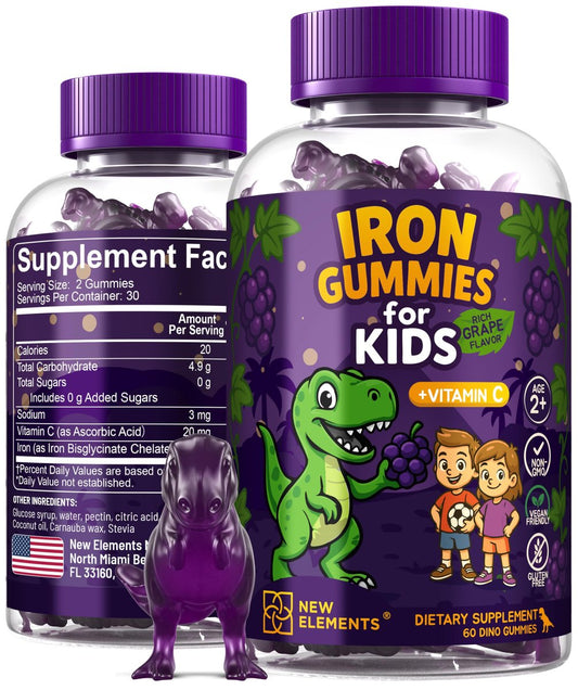 New Elements Eisen-Dino-Gummis für Kinder mit Vitamin C | Zuckerfrei, Vegan, Glutenfrei & Non-GMO | Anämie-Linderung, Energie- und Blutgesundheits-Unterstützung | Traubengeschmack, Pektinbasiert für optimale Gesundheit