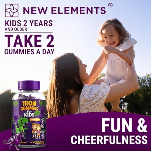 New Elements Eisen-Dino-Gummis für Kinder mit Vitamin C | Zuckerfrei, Vegan, Glutenfrei & Non-GMO | Anämie-Linderung, Energie- und Blutgesundheits-Unterstützung | Traubengeschmack, Pektinbasiert für optimale Gesundheit