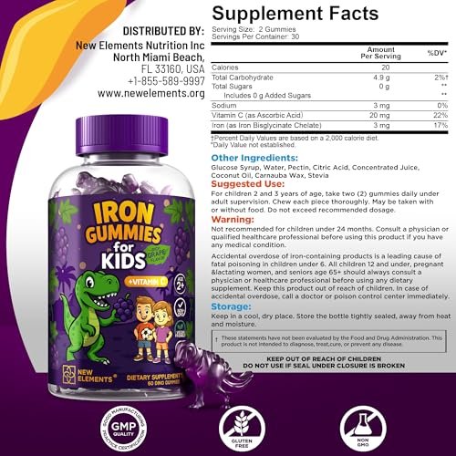 New Elements Eisen-Dino-Gummis für Kinder mit Vitamin C | Zuckerfrei, Vegan, Glutenfrei & Non-GMO | Anämie-Linderung, Energie- und Blutgesundheits-Unterstützung | Traubengeschmack, Pektinbasiert für optimale Gesundheit