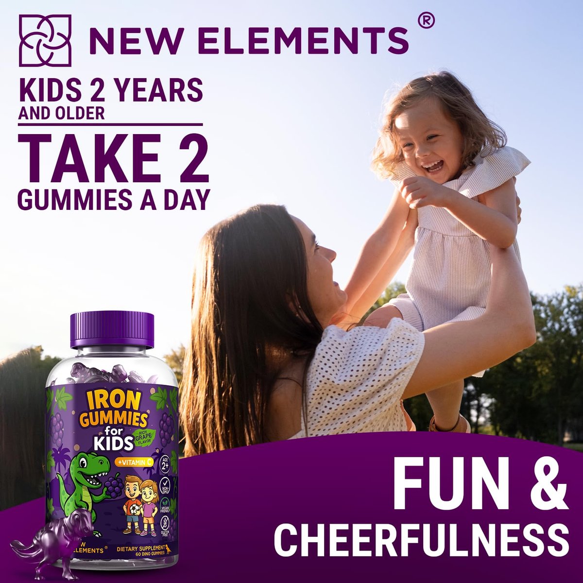 New Elements Eisen-Dino-Gummis für Kinder mit Vitamin C | Zuckerfrei, Vegan, Glutenfrei & Non-GMO | Anämie-Linderung, Energie- und Blutgesundheits-Unterstützung | Traubengeschmack, Pektinbasiert für optimale Gesundheit