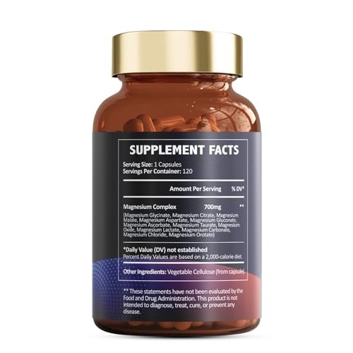 Totaria Magnesium Complex 700mg 12-in-1 – Hochdosiertes Magnesium mit Glycinat, Citrat, Malat, Oxid, Taurat, Aspartat, Orotat – Vegan, 120 Kapseln