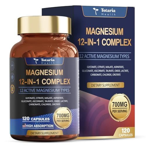 Totaria Magnesium Complex 700mg 12-in-1 – Hochdosiertes Magnesium mit Glycinat, Citrat, Malat, Oxid, Taurat, Aspartat, Orotat – Vegan, 120 Kapseln