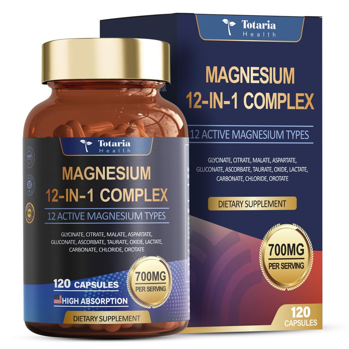 Totaria Magnesium Complex 700mg 12-in-1 – Hochdosiertes Magnesium mit Glycinat, Citrat, Malat, Oxid, Taurat, Aspartat, Orotat – Vegan, 120 Kapseln