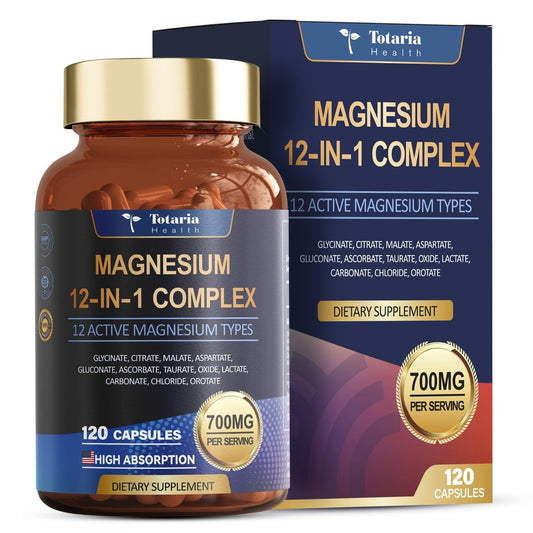 Totaria Magnesium Complex 700mg 12-in-1 – Hochdosiertes Magnesium mit Glycinat, Citrat, Malat, Oxid, Taurat, Aspartat, Orotat – Vegan, 120 Kapseln