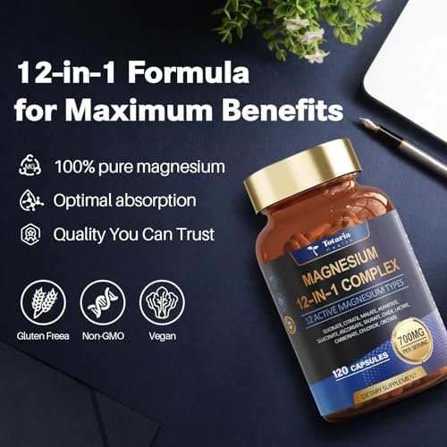 Totaria Magnesium Complex 700mg 12-in-1 – Hochdosiertes Magnesium mit Glycinat, Citrat, Malat, Oxid, Taurat, Aspartat, Orotat – Vegan, 120 Kapseln