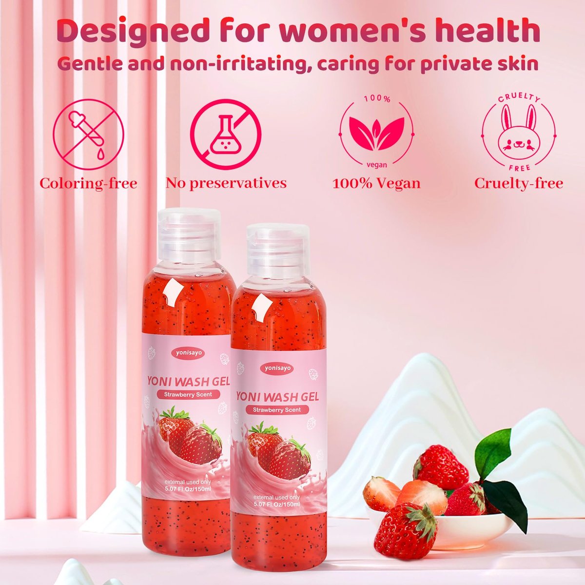 2er-Pack Yoni Wash, natürliche Damenhygiene für pH-Balance, Yoni Körperwäsche für Intimpflege, Feuchtigkeitsspendend, Geruchsentfernung, Erdbeerduft