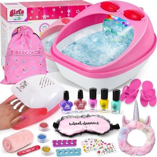 B Bascolor Kinder Fußbad & Nagelpflege Set – Spa-Tag für Mädchen, Massage-Fußbadewanne und Nageltrockner, Maniküre-Pediküre-Spielzeug, Geschenk für 5-12 Jahre