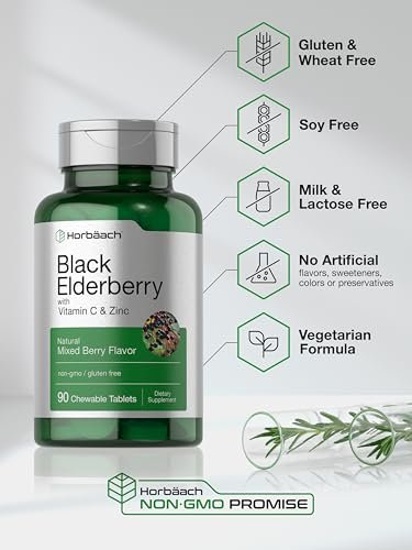 Horbaach Holunderbeeren mit Vitamin C und Zink | 90 Kautabletten | Mixed Berry Geschmack | Immunsystem Unterstützung | Vegetarisch, Ohne Gentechnik und Glutenfrei