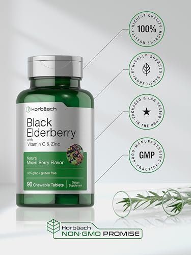 Horbaach Holunderbeeren mit Vitamin C und Zink | 90 Kautabletten | Mixed Berry Geschmack | Immunsystem Unterstützung | Vegetarisch, Ohne Gentechnik und Glutenfrei