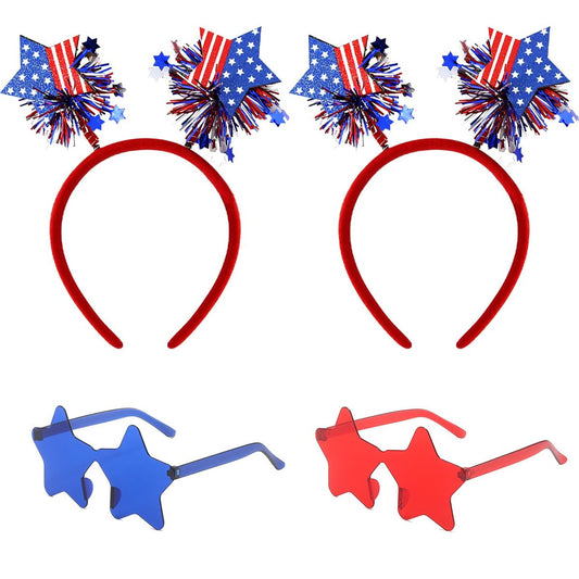 4er-Set Patriotische Party-Accessoires: Unabhängigkeitstag-Stirnband, Stern-Sonnenbrille, Rot-Weiß-Blau Partyartikel und Memorial Day-Zubehör