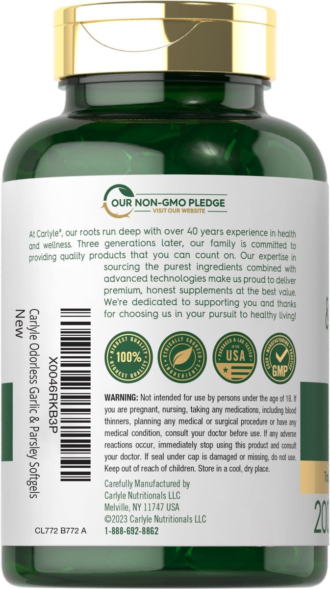 Carlyle Geruchsloses Knoblauch & Petersilie | 200 Softgels | Nicht-GVO, Glutenfrei