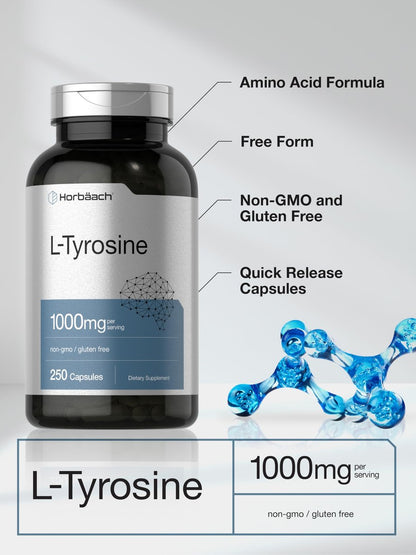 Horbäach L-Tyrosin 1000mg | 250 Kapseln | Aminosäure-Präparat | Non-GMO & Glutenfrei
