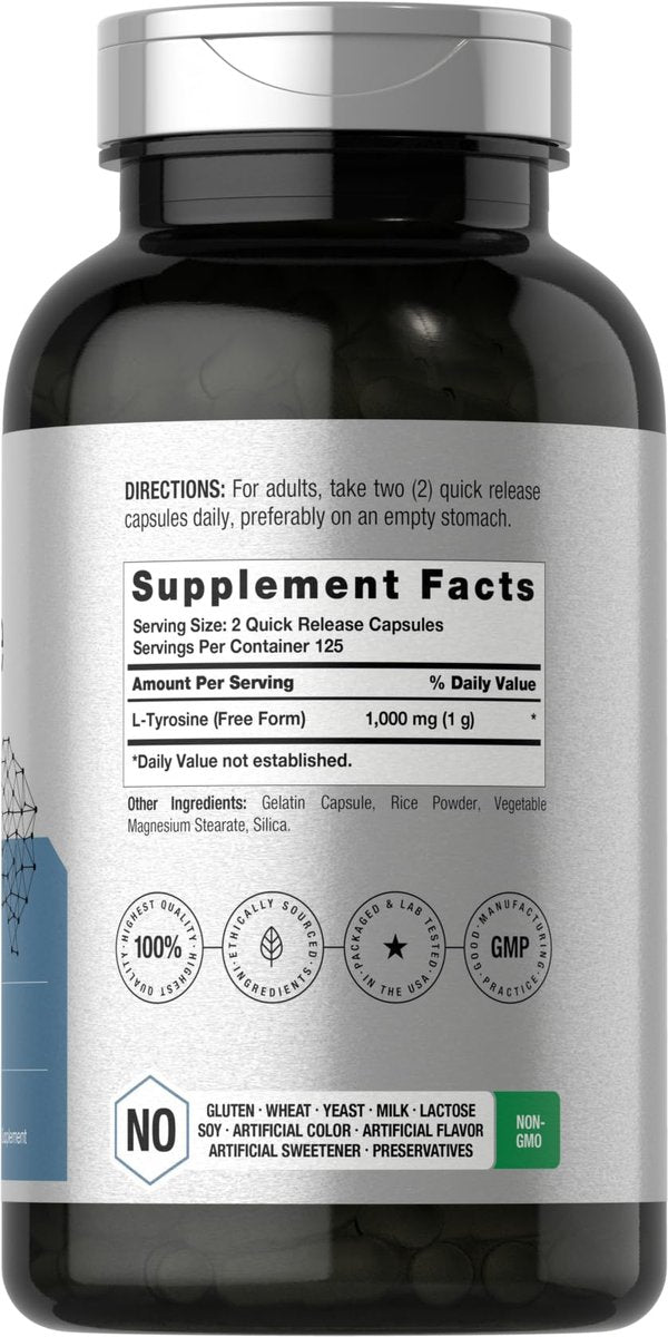 Horbäach L-Tyrosin 1000mg | 250 Kapseln | Aminosäure-Präparat | Non-GMO & Glutenfrei