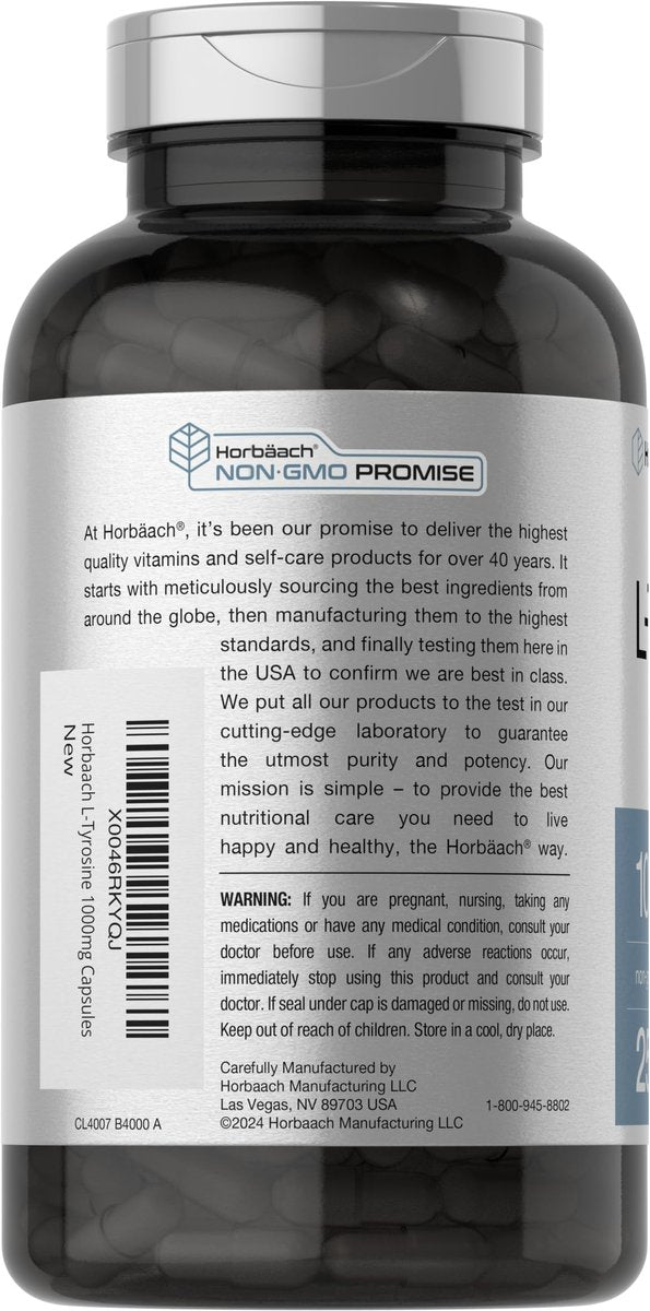 Horbäach L-Tyrosin 1000mg | 250 Kapseln | Aminosäure-Präparat | Non-GMO & Glutenfrei