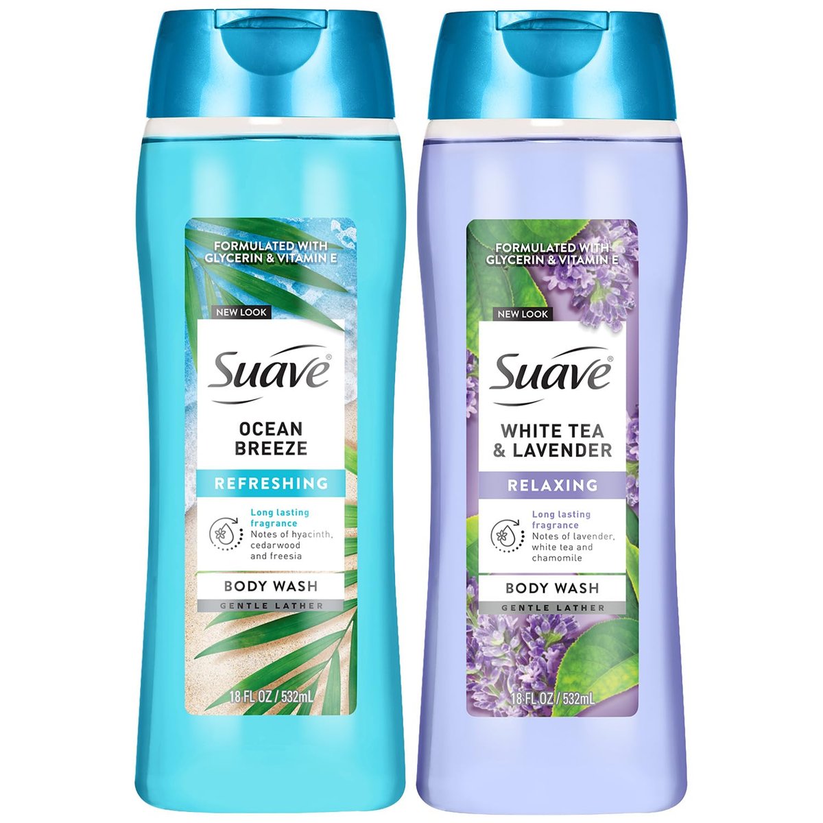 Suave Duschgel Variety 2er-Pack, Ocean Breeze + Weißer Tee & Lavendel – Sanfte Duschgele mit frischer Blütenessenz, 2 x 532 ml