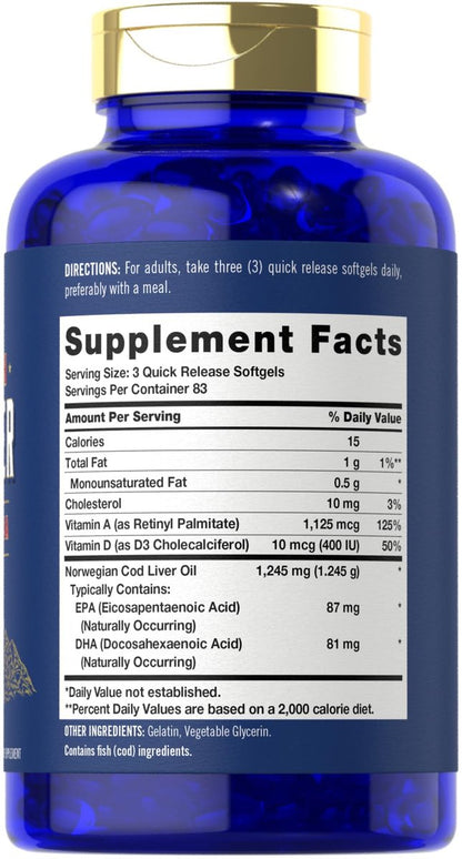 Carlyle Lebertran Weichkapseln | 1245 mg | 250 Stück | Norwegisch | Non-GMO, Glutenfrei