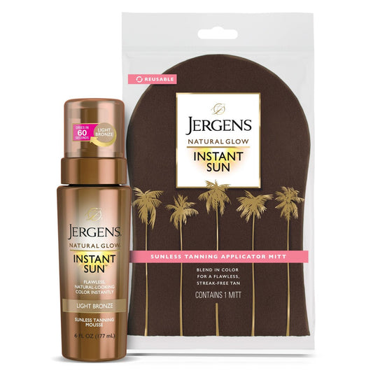 Jergens Natural Glow Instant Sun Bundle: Leichtes Bronze Selbstbräuner-Schaum, 177ml Flasche und Applikator-Handschuh