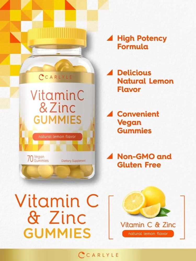Carlyle Vitamin C + Zink Gummibärchen | 70 Stück | Zitronengeschmack | Vegan, Nicht-GVO & Glutenfrei