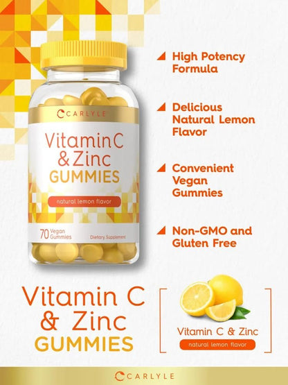 Carlyle Vitamin C + Zink Gummibärchen | 70 Stück | Zitronengeschmack | Vegan, Nicht-GVO & Glutenfrei