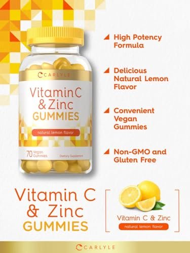 Carlyle Vitamin C + Zink Gummibärchen | 70 Stück | Zitronengeschmack | Vegan, Nicht-GVO & Glutenfrei